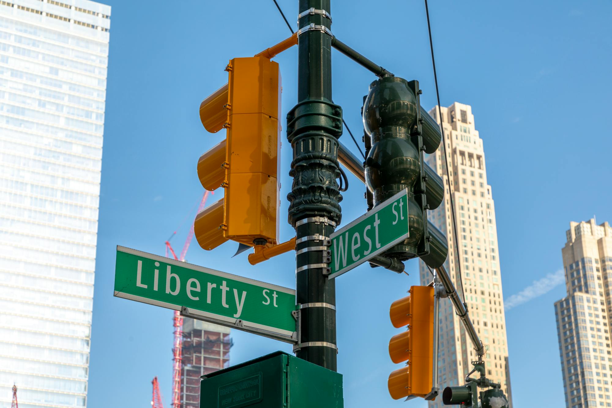 Liberty St & West St — Lower Manhattan finance district.